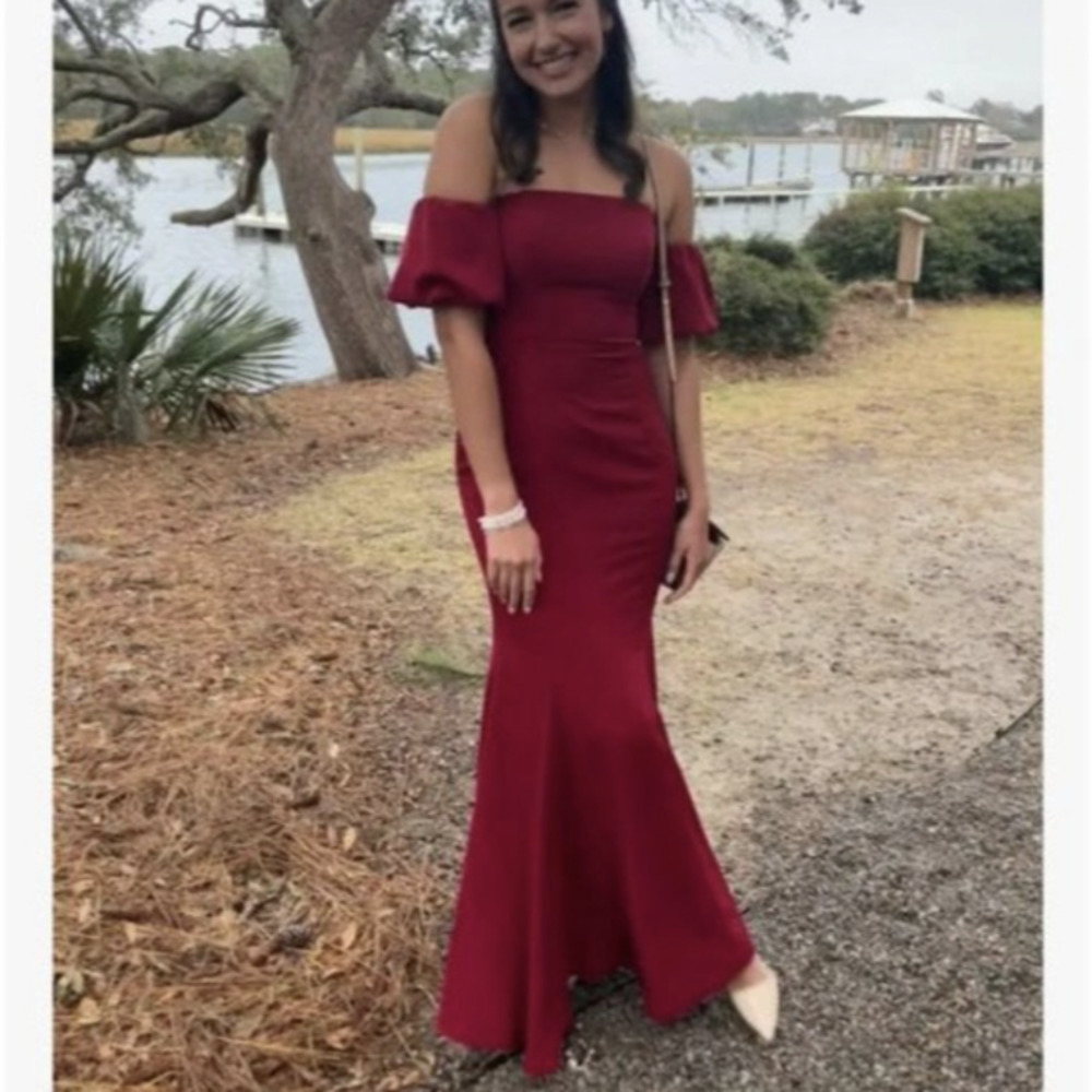 Fame and Partners Off-Shoulder Burgundy Maxi Dress